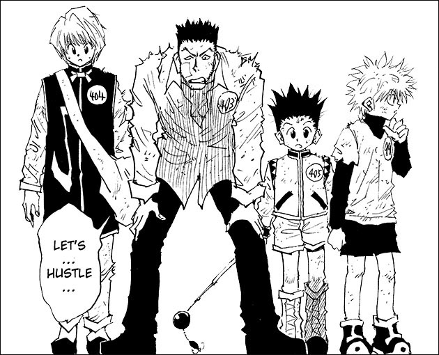 Hunter x Hunter panel with Kurapika, Leorio, Gon, and Killua. Leorio is saying "Let's... Hustle..."